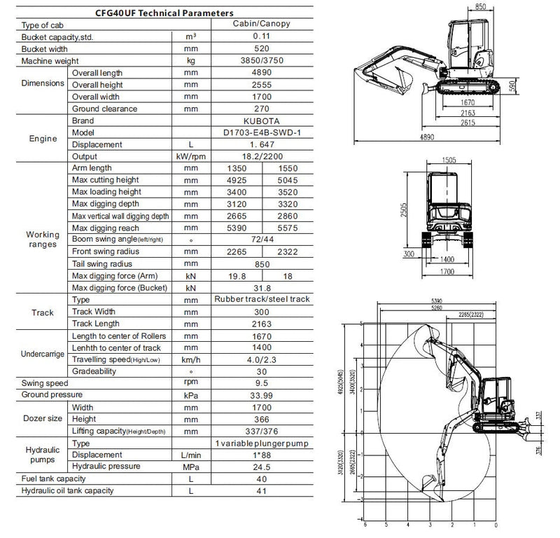 4 Ton, Kubota Diesel Engine Mini Excavator w/ Hydraulic Thumb & A/C | CFG-40UF