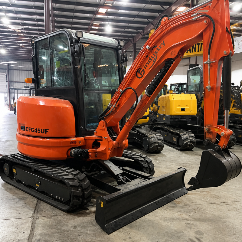 CFG 3.8 Ton Mini Excavator w/ Kubota D1703 24.4HP Engine, 122.8" Dig Depth, A/C Cab, Hydraulic Thumb, 4-Way Dozer Blade & Quick Coupler | CFG-45UF