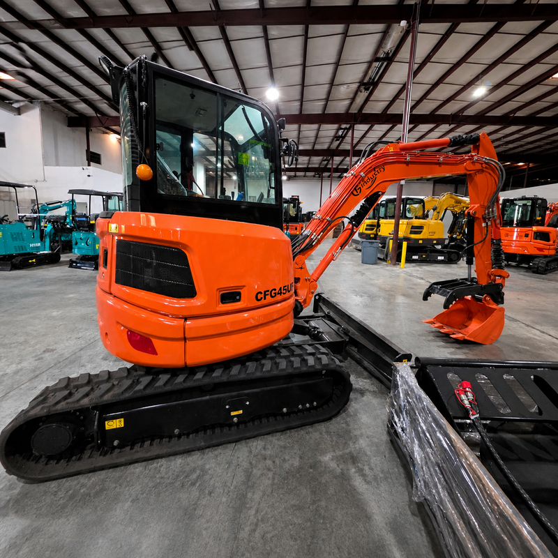 CFG 3.8 Ton Mini Excavator w/ Kubota D1703 24.4HP Engine, 122.8" Dig Depth, A/C Cab, Hydraulic Thumb, 4-Way Dozer Blade & Quick Coupler | CFG-45UF