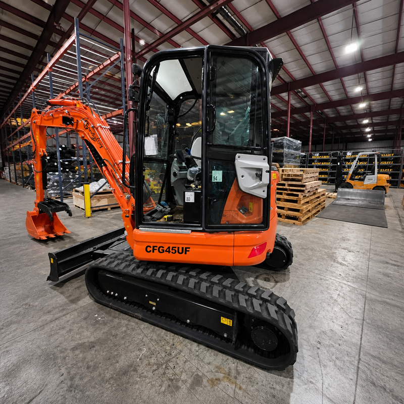 CFG 3.8 Ton Mini Excavator w/ Kubota D1703 24.4HP Engine, 122.8" Dig Depth, A/C Cab, Hydraulic Thumb, 4-Way Dozer Blade & Quick Coupler | CFG-45UF