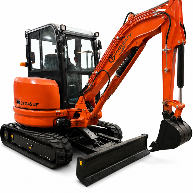 CFG 3.8 Ton Mini Excavator w/ Kubota D1703 24.4HP Engine, 122.8" Dig Depth, A/C Cab, Hydraulic Thumb, 4-Way Dozer Blade & Quick Coupler | CFG-45UF