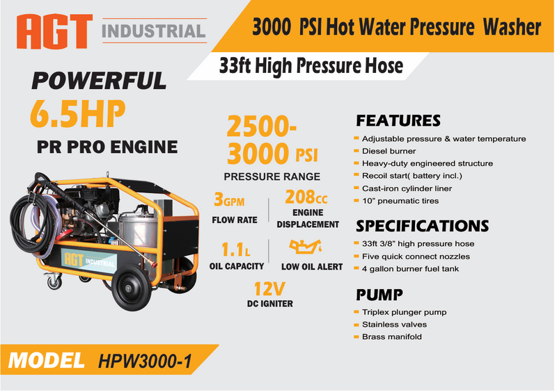 Hot Water High Pressure Washer Machine 3000 PSI | AGT-HPW3000-1