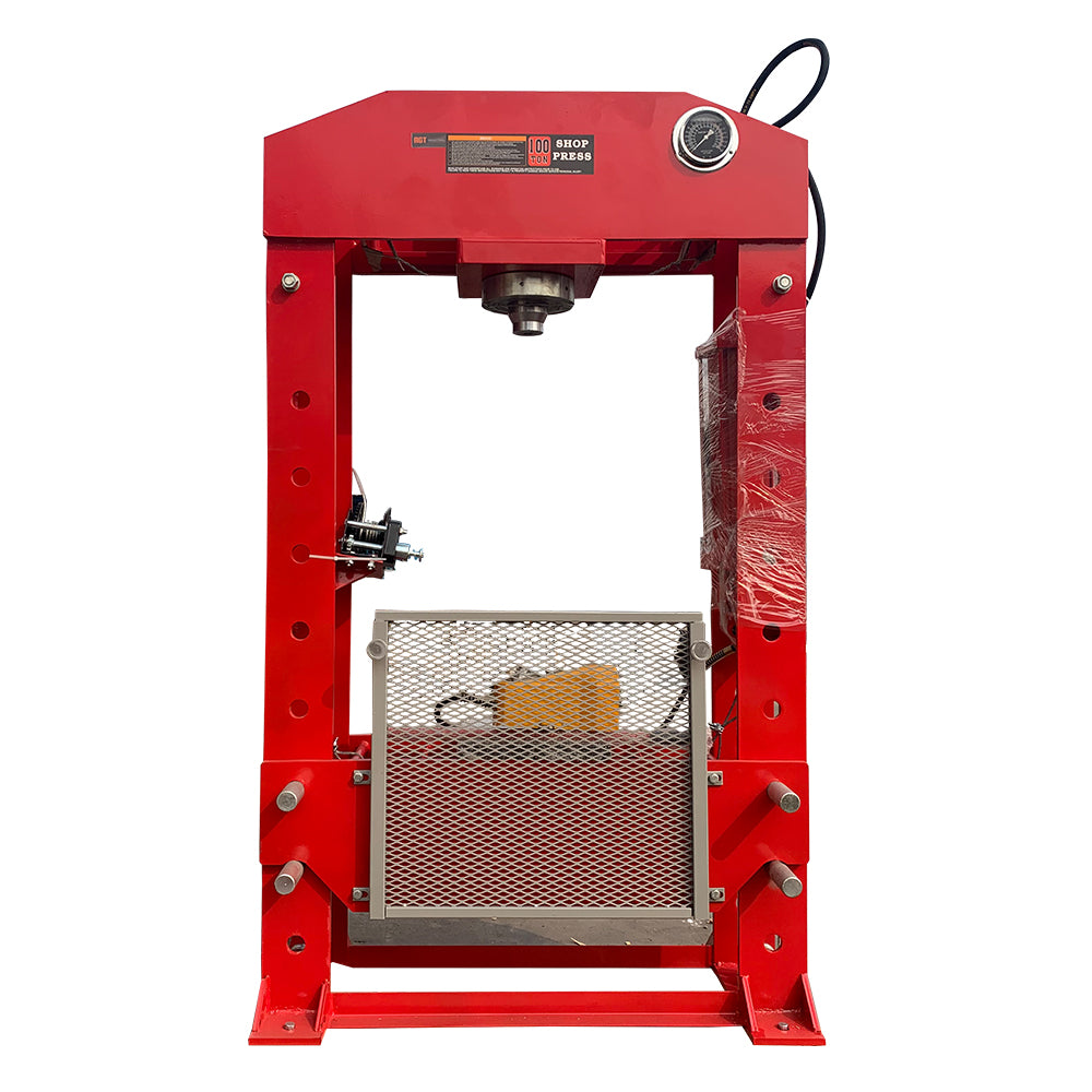 TMG Industrial 100 Ton Capacity Hydraulic Shop Press, Heavy Duty Pressing,  Protective Grid Guard, Fully Welded H-Frame, Air & Manual Dual Operation